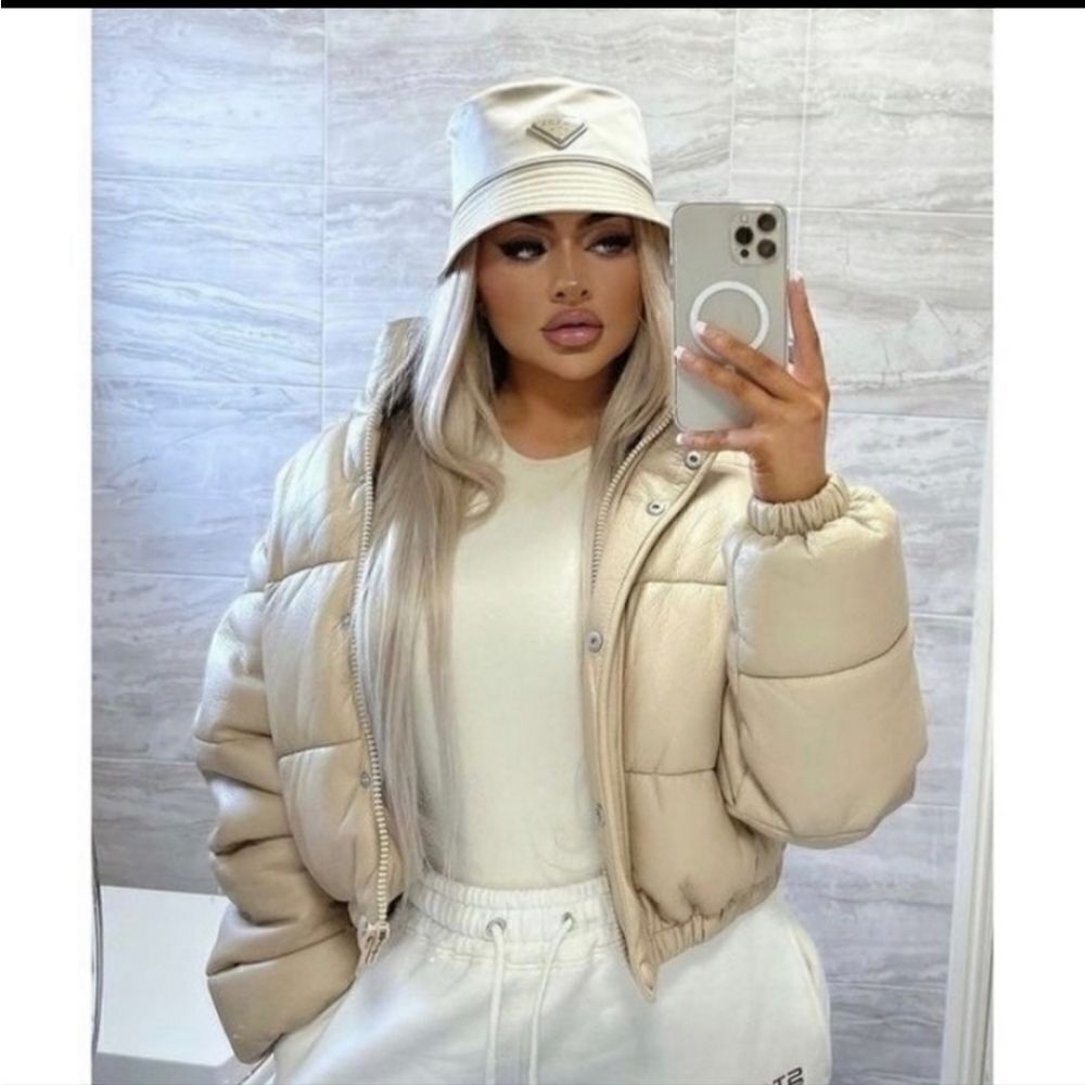 Zara Blogger Favorite Faux Leather Padded Puffer Coat in Beige Size L